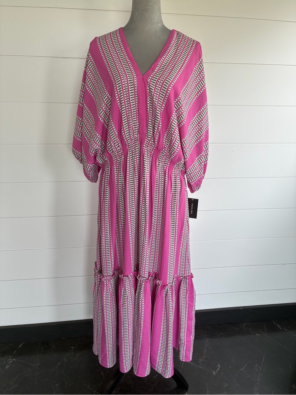 Taylor Striped Polka Dot Tiered Pink Midi Maxi Dress Size 18W NWT